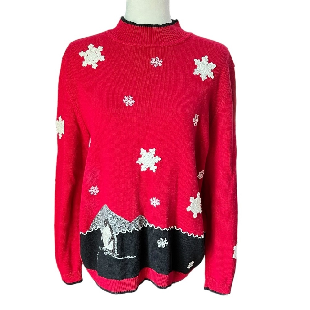 Alfred Dunner Vintage Embroidered Snowflake/Penguin Red Ugly Christmas Sweater​​